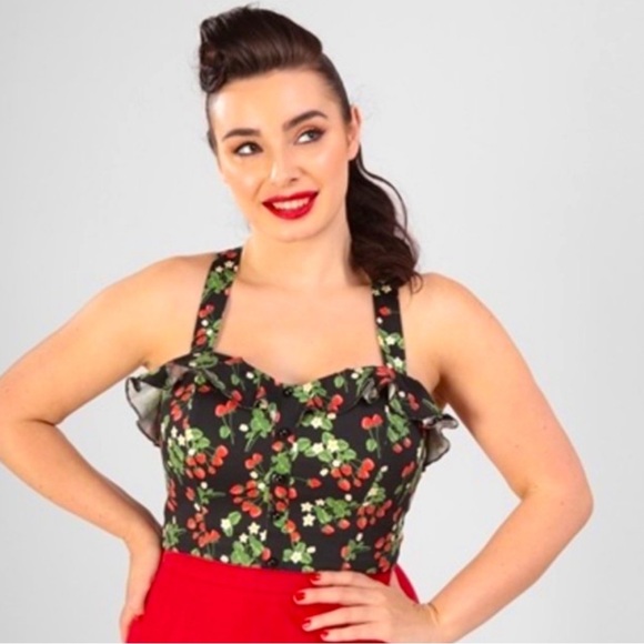Collectif SMALL Black Emilia Wild Strawberry Ruffle Blouse Top - Picture 2 of 8